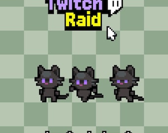 Pacote de Alertas de Raid do Gato Preto no Twitch | Alertas Animados de Gato em Pixel Art | Pacote de Sobreposições de Alerta Kawaii Aconchegantes | 3x Alertas
