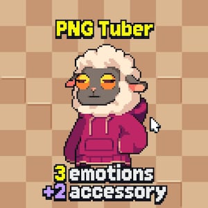 Puede incluir: Ilustración pixelada de un personaje de oveja con una sudadera con capucha magenta. El texto "PNG Tuber" está en la parte superior, con "3 emotions +2 accessory" en la parte inferior. La oveja tiene una cara gris, ojos naranjas y lana blanca.