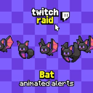 Peut inclure: Un graphique numérique présentant du pixel art de quatre petites chauves-souris noires aux yeux violets et aux ailes roses sur un fond à carreaux violets. Le texte indique twitch raid en haut et Bat animated alerts en bas avec une icône curseur.