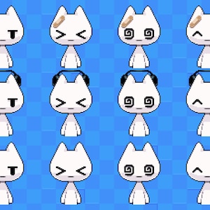 May include: A grid of pixel art characters with white cat-like heads and small bodies. Each character has a different expression, some with bandages, headphones, or swirly eyes. The background is a blue checkered pattern.