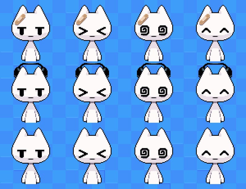 May include: A grid of pixel art characters with white cat-like heads and small bodies. Each character has a different expression, some with bandages, headphones, or swirly eyes. The background is a blue checkered pattern.