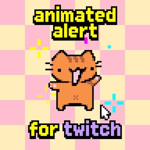 May include: An animated alert graphic for Twitch. The image features an orange pixelated cat with a white mouth and a striped pattern. The text "animated alert" is in yellow, and "for twitch" is in purple. The background is a pink and yellow checkered pattern.