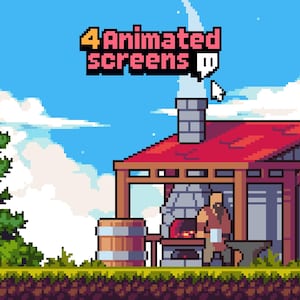 Puede incluir: Escena de pixel art de un taller de herrero con techo rojo, barril y yunque. El texto "4 Animated screens" se muestra encima del edificio. Un cuervo está en el tejado y un pino alto a la izquierda.