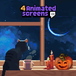 4 escenas animadas de Halloween en Twitch, YouTube ~ Animación de pixel art, Luna, Gato ~ Inicio, Final, Listo para usar, Sin conexión, Tema de Halloween
