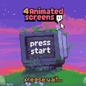 Op de afbeelding: Pixelafbeelding van een steenachtige structuur met de woorden "press start" op het scherm. De tekst "4 Animated screens" staat erboven, met een cursor die ernaar wijst. De achtergrond toont een gepixeld zonsondergang en groen gras.
