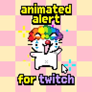 May include: Pixelated graphic for Twitch alerts. A white cartoon character with a rainbow-colored hair, open mouth, and outstretched arms. The text "animated alert" and "for twitch" are in yellow and purple pixelated fonts, respectively. The background is pink and yellow checkered.