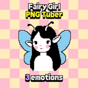 Könnte beinhalten: Pixelige Illustration eines Feenmädchens mit schwarzen Haaren, hellblauen Flügeln und rosa Wangen. Das Bild enthält den Text "Fairy Girl PNG Tuber" oben und "3 emotions" unten, vor einem rosa-gelb karierten Hintergrund.