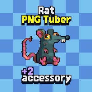 May include: A pixel art illustration of a grey rat with pink ears, feet, and tail. The rat has yellow eyes and a long snout. Text above reads "Rat PNG Tuber" and below reads "+2 accessory" on a blue checkered background.