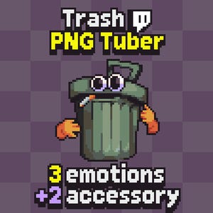 May include: Pixelated illustration of a trash can character with eyes, arms, and a cigarette. The text "Trash PNG Tuber" is at the top, with "3 emotions +2 accessory" at the bottom. The background is a purple checkered pattern.