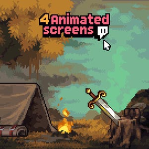 May include: Pixel art scene with a tent, campfire, and a sword on a tree stump. The text "4 Animated screens" is displayed in a pink and white font, with a cursor pointing at it. The background features a forest.