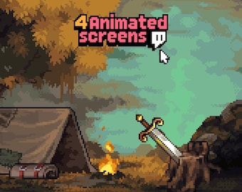 4x Animierte Retro Pixel Szenen auf Twitch, YouTube ~ Pixel Animation, Sword, Nature ~ Initialing, Ending, Brb, Offline ~ Camp, Zelt, Elden Ring