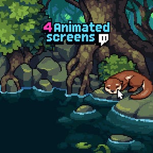 May include: Pixelated illustration of a river scene with an otter resting on a rock. The image features the text "4 Animated screens" in pink and blue. The scene includes water, rocks, trees, and foliage, creating a natural environment.