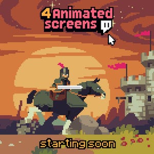 4x Animated Stream Scenens Twitch, YouTube ~ Pixel Art Animation, Sunset, Knight ~ Starting, Ending, Brb, Offline ~ Medieval theme