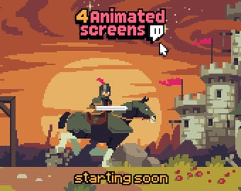 4x Animierte Stream Scenens Twitch, YouTube ~ Pixel Art Animation, Sonnenuntergang, Ritter ~ Starten, Ende, Brb,Offline ~ Thema aus dem Mittelalter