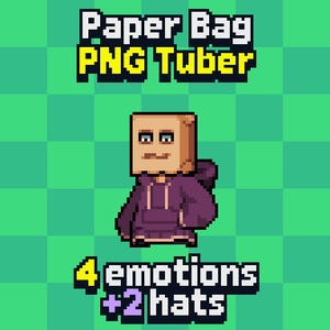Op de afbeelding: Pixel art afbeelding van een personage met een papieren zak hoofd en een paarse hoodie. De tekst luidt "Paper Bag PNG Tuber" en "4 emotions + 2 hats". De achtergrond is een groen geruit patroon.