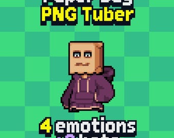 Pixel Paper Bag PNGTuber • Premade Veadotube Avatar • 4 Emotions + 2 Hats for Twitch & YouTube