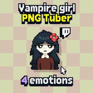 May include: Pixel art graphic of a vampire girl with long black hair, a red flower, and a brown top. Text reads "Vampire girl PNG Tuber" and "4 emotions". A white speech bubble and a cursor are also present.
