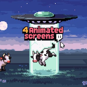 May include: Pixel art illustration of a cow being abducted by a UFO. The image features a night sky with a full moon and the text "4 Animated screens". A second cow stands on the ground.
