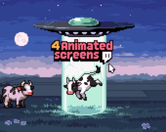 4x Animierte Stream Scenens Twitch, YouTube ~ Pixel Art Animation, UFO, Kuh, Nacht ~ Starten, Ende, Brb, Online ~ Alien Theme
