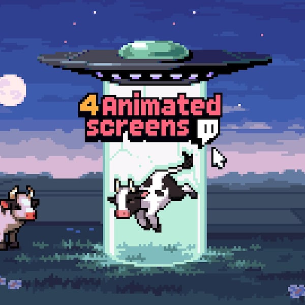 4x Animierte Stream Scenens Twitch, YouTube ~ Pixel Art Animation, UFO, Kuh, Nacht ~ Starten, Ende, Brb, Online ~ Alien Theme