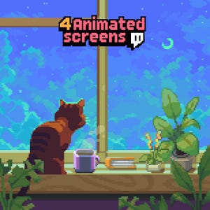 Op de afbeelding: Pixel art scène van een kat die 's nachts uit een raam kijkt. Een dampende mok, een boek en potplanten staan op de vensterbank. De tekst "4 Animated screens" staat linksboven.
