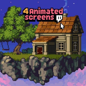 Peut inclure: Illustration en pixel art d'une maison sur une île flottante avec un arbre et une balançoire. Le ciel est un dégradé de rose, de violet et de bleu. Le texte indique "4 écrans animés" avec un curseur pointant vers la maison.