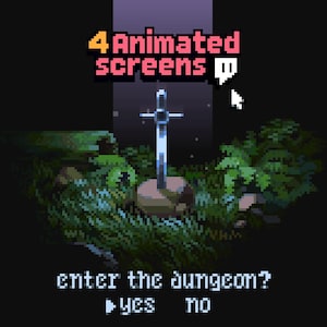 May include: A pixelated image of a sword in a stone, surrounded by greenery, with the text "4 Animated screens" and "enter the dungeon?" with "yes" and "no" options. The scene is set against a dark background.