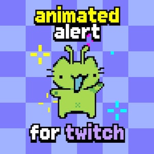 Pode incluir: Gráfico pixelizado com as palavras "animated alert" em amarelo e preto, e "for twitch" em branco e roxo. Um personagem verde em forma de gato de desenho animado está no centro, com uma língua azul. O fundo é um padrão xadrez azul e roxo.