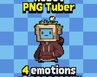 Animierter Pixel Roboter PNGTuber Model: Stretching Avatar (Veadotube Mini) 4 Emotionen + 2 Accessories