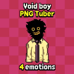 Peut inclure: Une illustration en pixel art représentant une tête en silhouette noire avec des yeux carrés jaunes et un large sourire, portant une chemise à col jaune clair et une cravate violet foncé. Le texte indique Void boy PNG Tuber et 4 emotions.