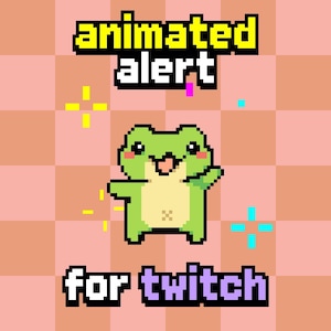 May include: Pixelated graphic for Twitch alerts. A green frog with a light green belly and pink cheeks is centered on a pink and peach checkered background. The text "animated alert" and "for twitch" are in pixelated font.