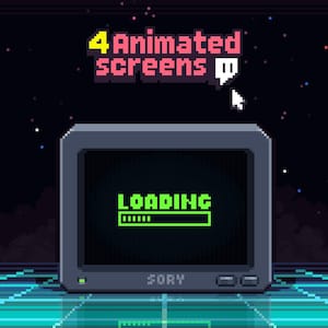Può includere: Animazione pixel art con estetica retrò. Un monitor grigio mostra una schermata "LOADING" in testo verde. L'immagine include il testo "4 Animated screens" e un cursore. Lo sfondo presenta un cielo stellato e una griglia.