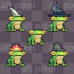 May include: Pixel art of five green frogs, each with yellow eyes and a tan belly. Four frogs wear different hats: a wizard hat, a witch hat, a crown, and a pointed hat. The fifth frog is hatless.