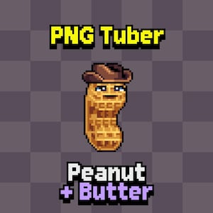 May include: A pixel art peanut wearing a brown cowboy hat. The image features the text "PNG Tuber" in yellow and "Peanut + Butter" in white and purple. The background is a checkered pattern.