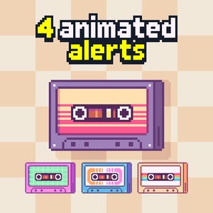 Puede incluir: Gráfico de pixel art con una cinta de cassette morada y el texto "4 animated alerts". Debajo, tres cintas de cassette más pequeñas en rosa, azul y beige. Las cintas tienen una estética retro de videojuego de 8 bits.