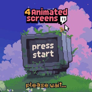 Könnte beinhalten: Pixel-Art-Bild eines Retro-Fernsehers mit den Worten "press start" auf dem Bildschirm. Der Text "4 Animated screens" befindet sich über dem Fernseher, mit einem Cursor, der darauf zeigt. Der untere Teil des Bildes zeigt "please wait..." vor dem Hintergrund eines Sternenhimmels und Wolken.