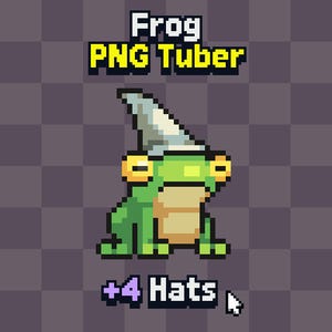 May include: Pixelated green frog wearing a silver hat with gold-rimmed eyes. The image includes the text "Frog PNG Tuber" and "+4 Hats" in a pixelated font, set against a checkered background.