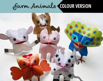 Set of 6 PRINTABLE FARM Animals Cootie Catchers | PDF download | Cow, hen, chicken sheep, peacock, party favor, simple play, fortune tellers