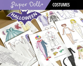 AFDRUKBARE Halloween-kostuums papieren poppen kleurplaten | PDF-download | Halloweenknutsels, kinderknutsels, feestartikelen, Halloween-outfits