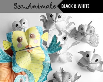 Set of 7 Black&White PRINTABLE SEA Animals Cootie Catchers | PDF download | Water animals, party favor, kids craft, fortune tellers