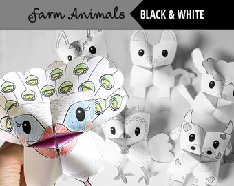 Set of 6 Black&White PRINTABLE Farm Animals Cootie Catchers | PDF download | Cow, hen, chicken sheep, peacock, party favor, color in