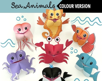 Set of 7 PRINTABLE SEA Animals Cootie Catchers | PDF download | Water animals, party favor, kids craft, fortune tellers, cute animals
