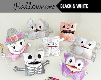 Set of 7 Black&White PRINTABLE Halloween Cootie Catchers | PDF download | Halloween party favor, kids craft for colouring in