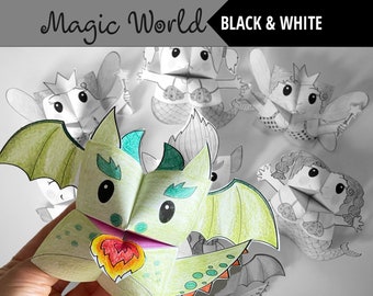 Set of 7 Black&White PRINTABLE MAGIC World Creatures Cootie Catchers | PDF download | fairy, unicorn, mermaid, dragon, party favor