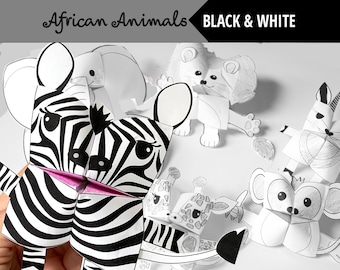 Set of 6 Black&White PRINTABLE African Animals Cootie Catchers for coloring in | PDF download | Party favor, Safari animals, fortune tellers
