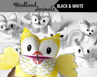 Set of 6 Black&White PRINTABLE Woodland Animals Cootie Catchers | PDF download | Woodland animals, forest animals, party favor, kids crafts