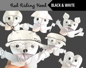 Set van 6 zwart-wit afdrukbare Red Riding Hood Cootie Catchers | PDF-download | Klassieke kinderverhalen, waarzeggers, feestartikelen