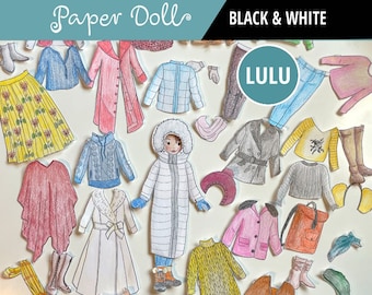 B&W PRINTABLE Paper Doll with Winter Outfits | PDF Download | Modern Paper Outfits, paper toy, kids activity, coloring craft, party favor