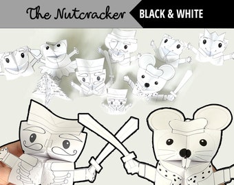 Set van 8 zwart-wit afdrukbare NOTENKRAKER Cootie Catchers | PDF-download | Notenkrakerkarakters, kerstambachten, kerstfeestgunst