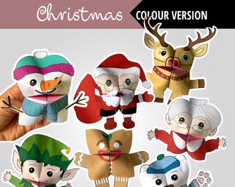 Set of 7 PRINTABLE CHRISTMAS Characters Cootie Catchers | PDF download | santa, elf, santa's helper, reindeer, gingerbread man, party favor